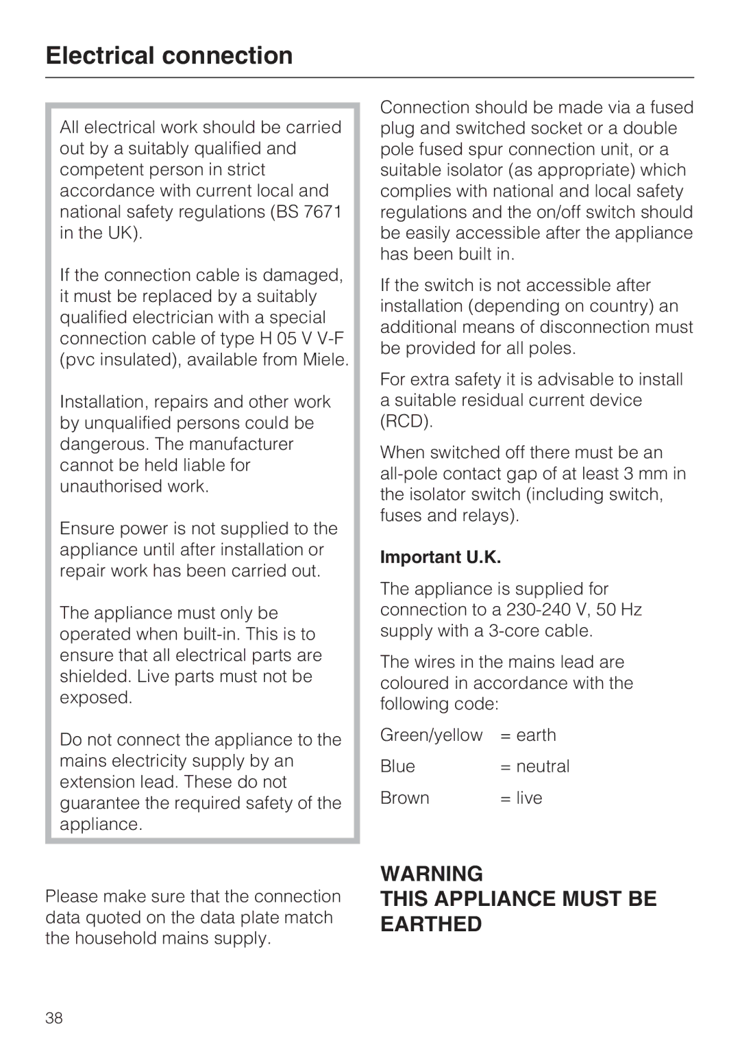 Miele CS1322, CS1312 installation instructions Electrical connection, Important U.K 