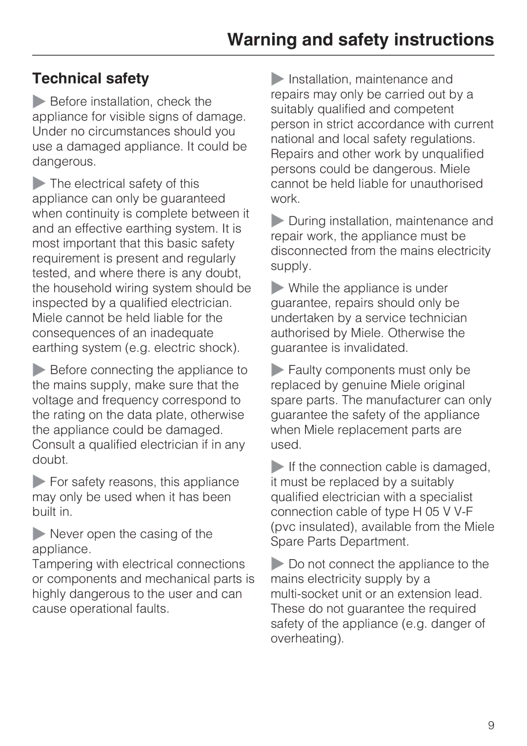 Miele CS1312, CS1322 installation instructions Technical safety 