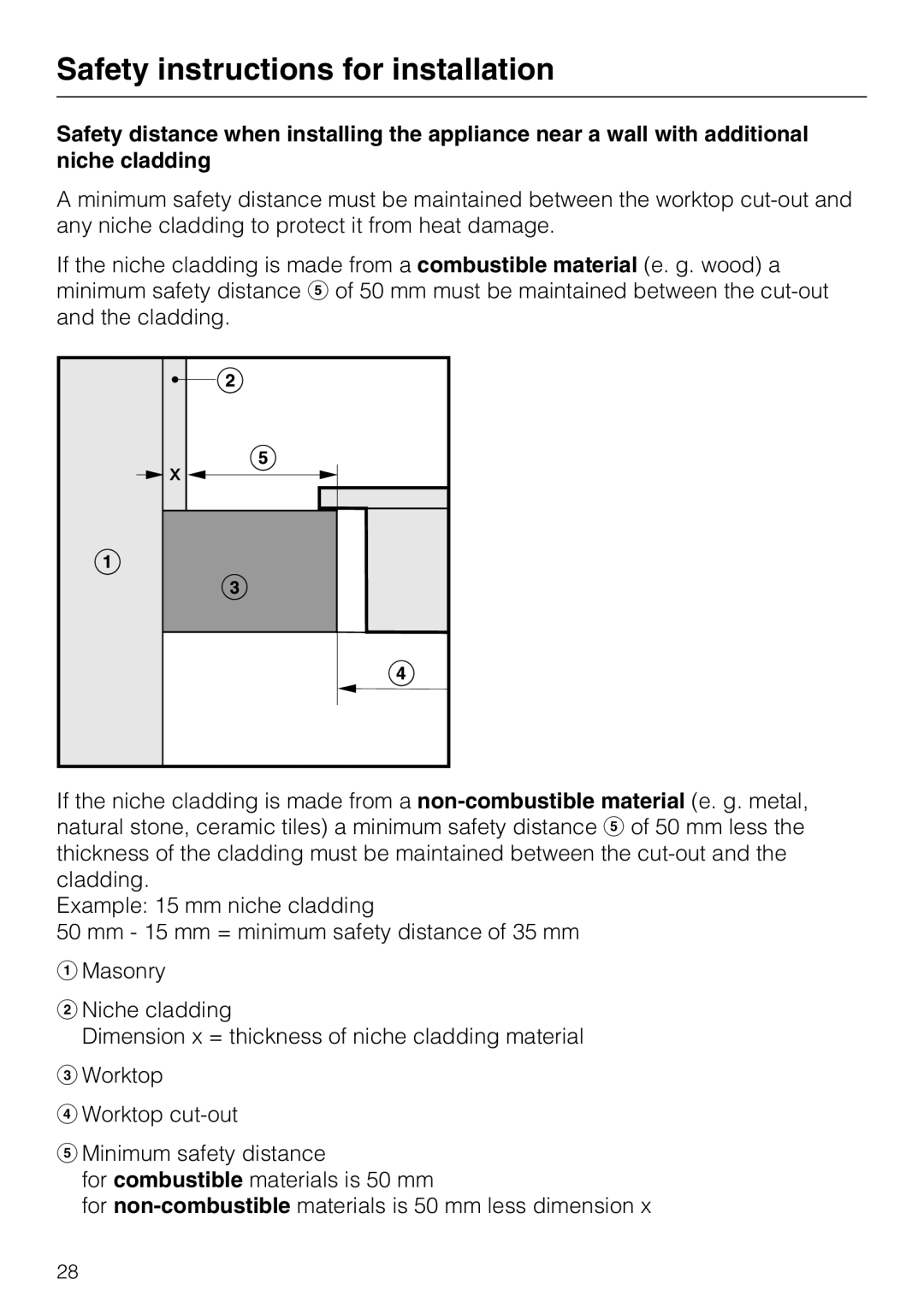 Miele CS1322, CS1312 installation instructions Safety instructions for installation, Example 15 mm niche cladding 