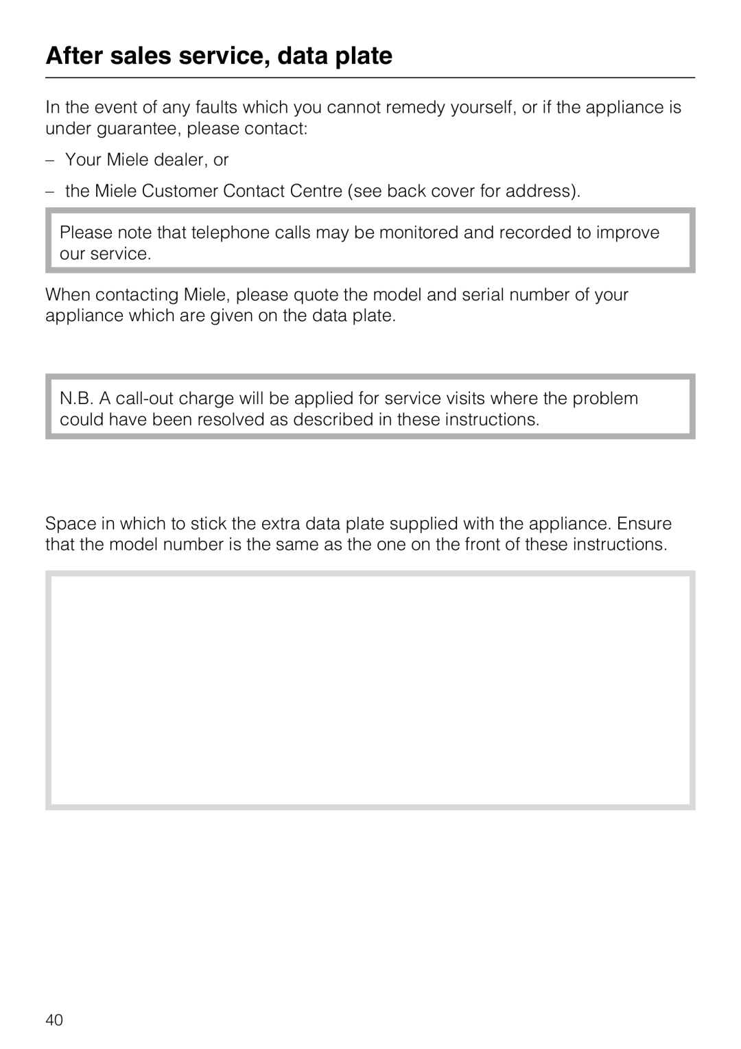 Miele CS1322, CS1312 installation instructions After sales service, data plate 