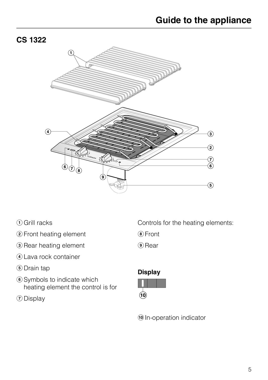 Miele CS1312, CS1322 installation instructions Guide to the appliance, a Grill racks, Display 