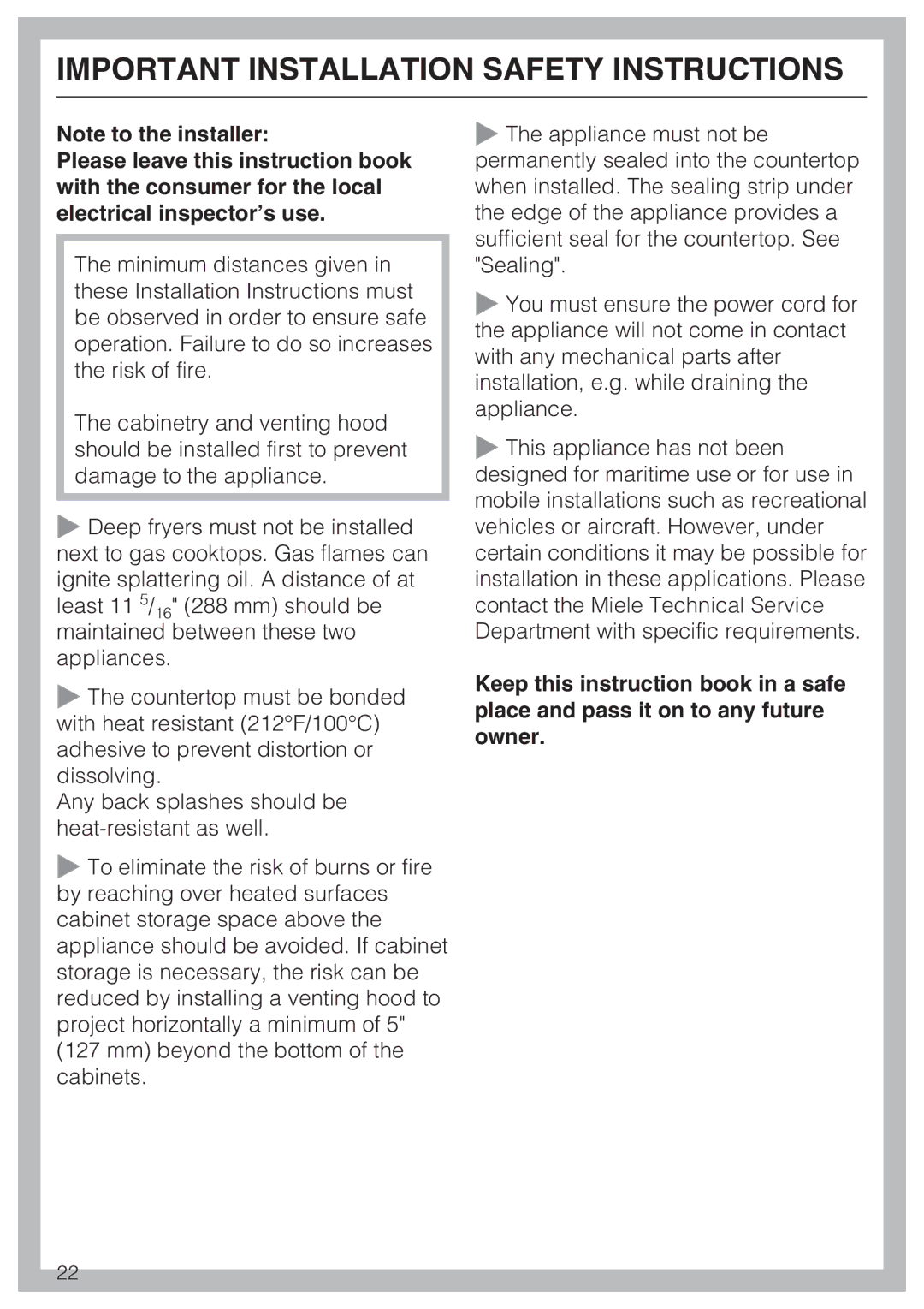 Miele CS1411 installation instructions Important Installation Safety Instructions 