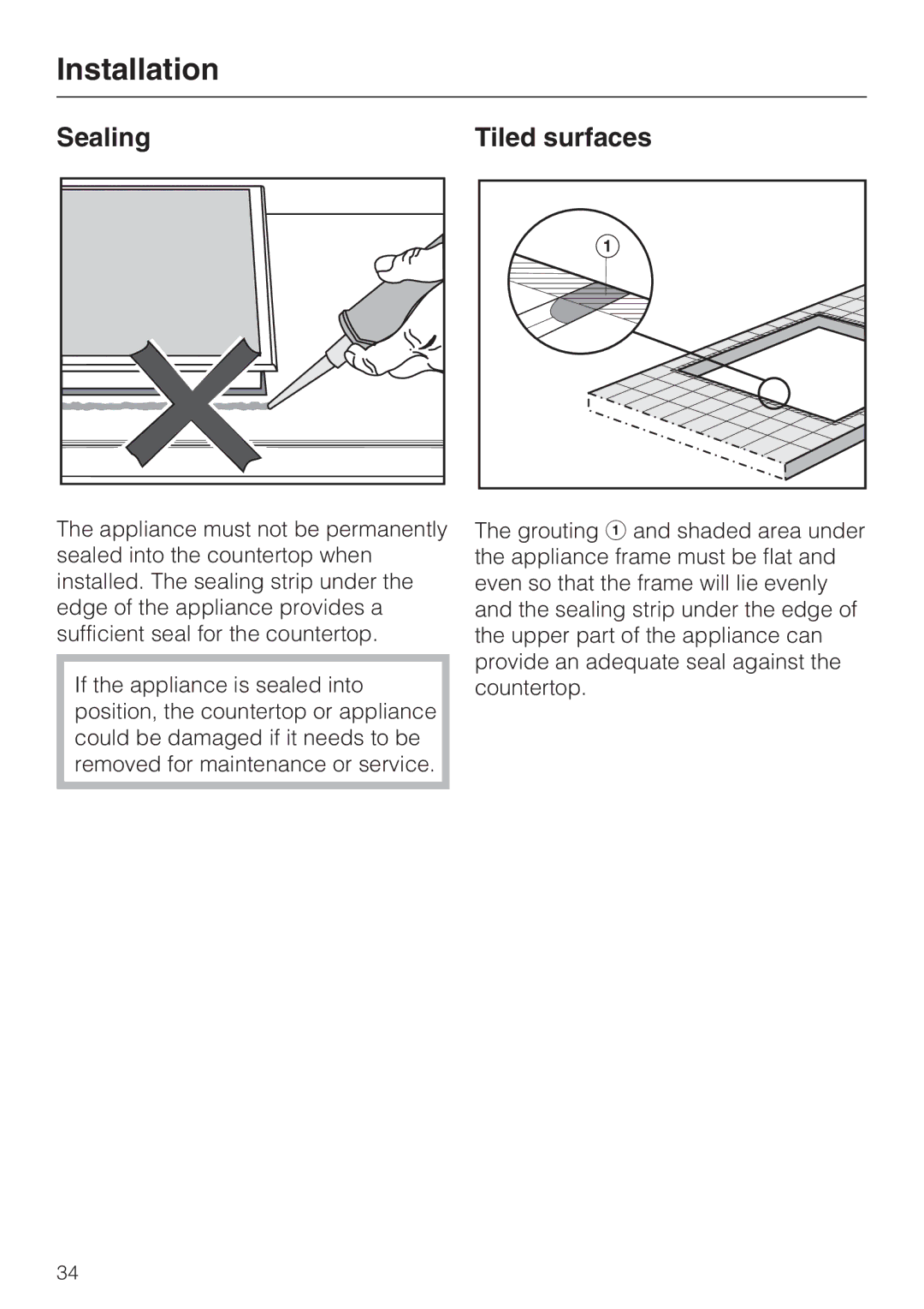 Miele CS1411 installation instructions Sealing Tiled surfaces 