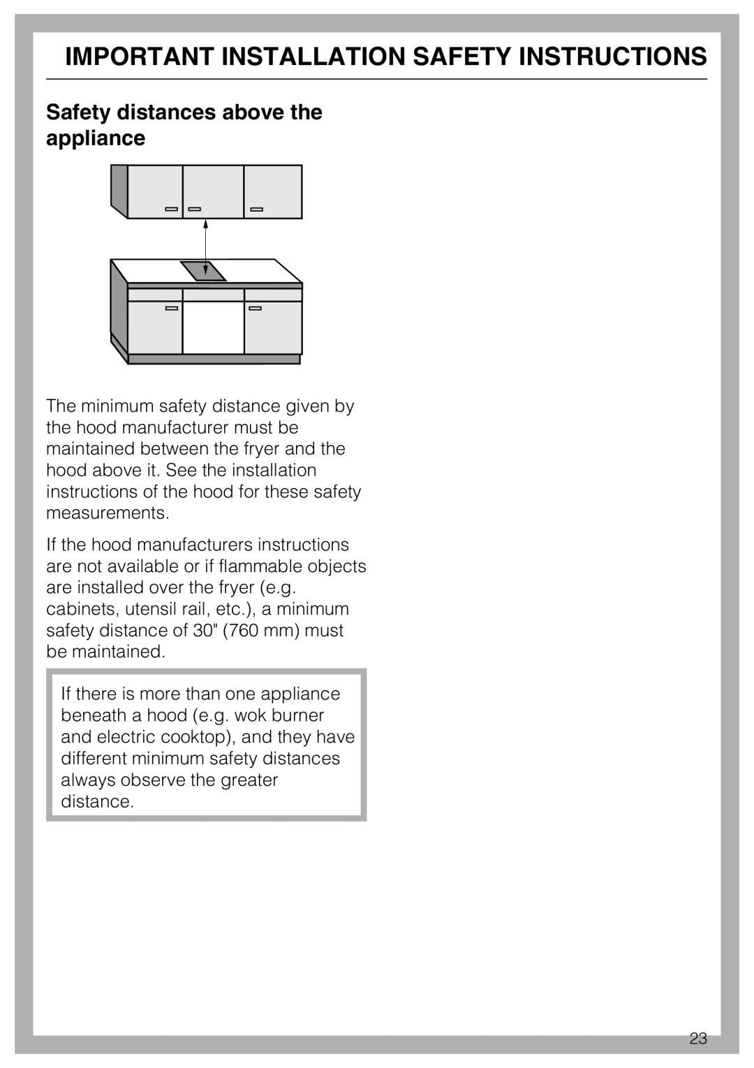 Miele CS1411 installation instructions Safety distances above the appliance, Important Installation Safety Instructions 