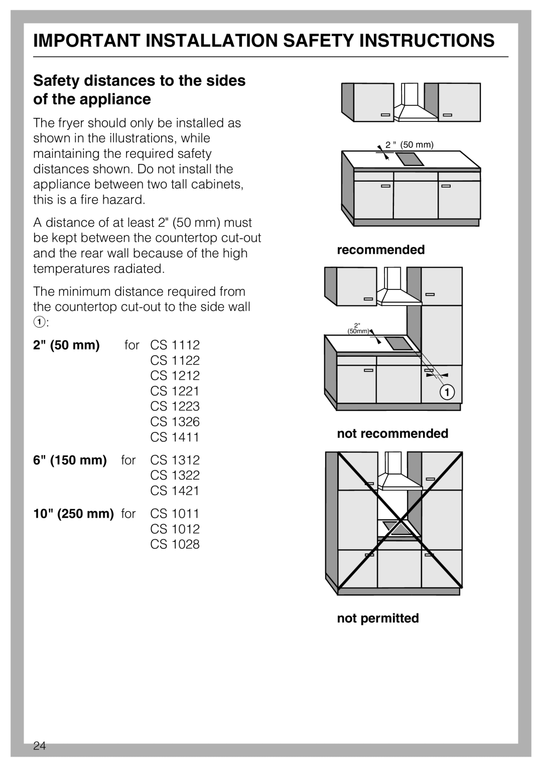 Miele CS1411 Safety distances to the sides of the appliance, Important Installation Safety Instructions, 2 50 mm, 6 150 mm 