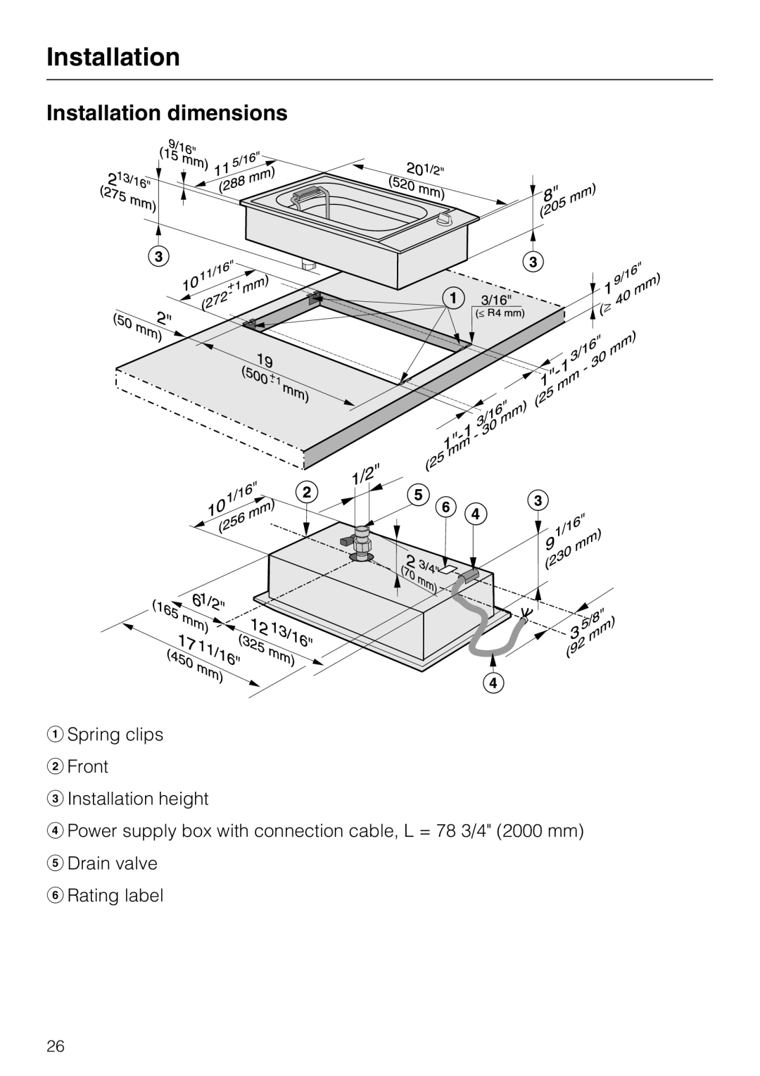 Miele CS1411 Installation dimensions, Spring clips Front Installation height, Drain valve Rating label 