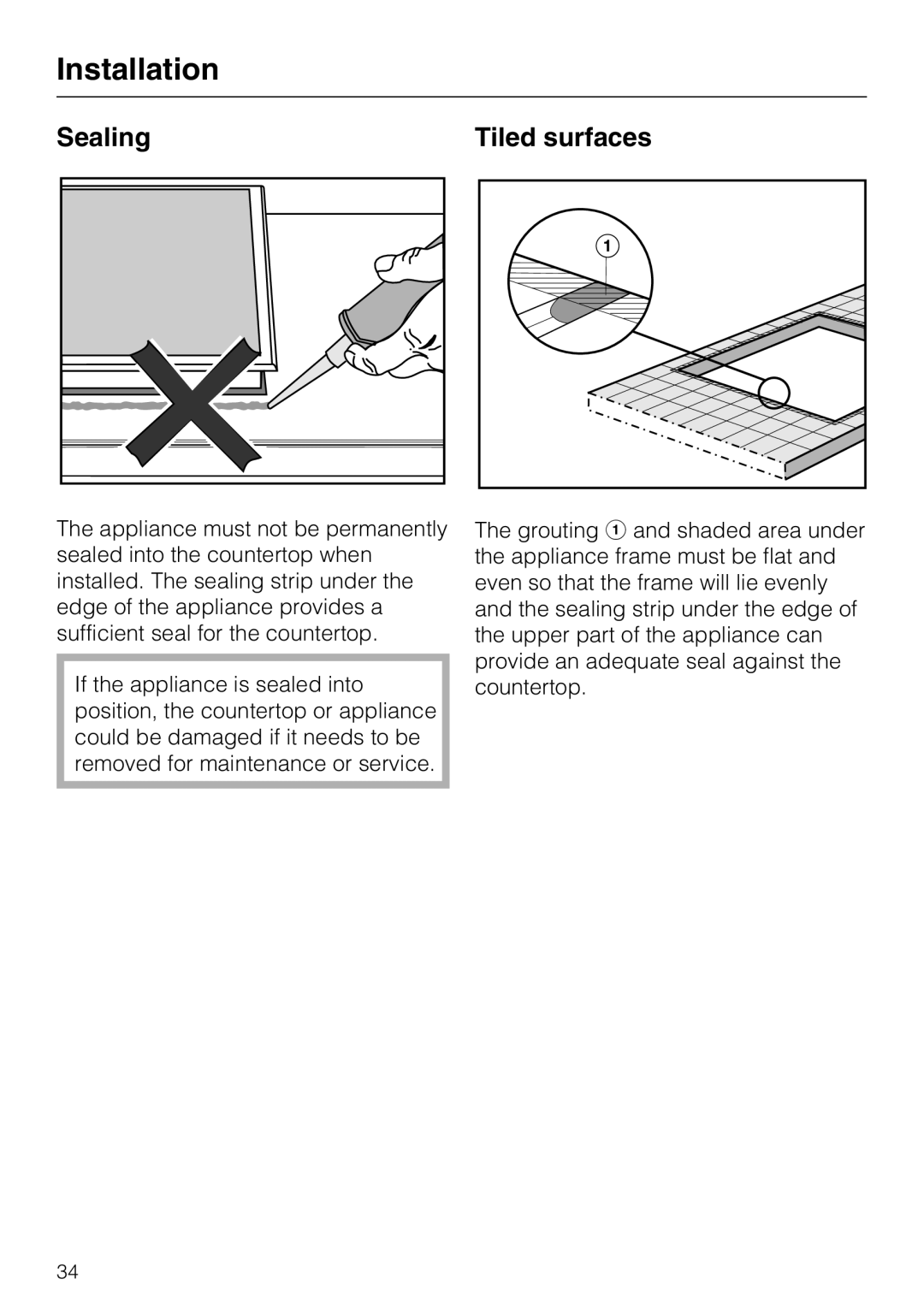 Miele CS1411 installation instructions Sealing, Tiled surfaces, Installation 