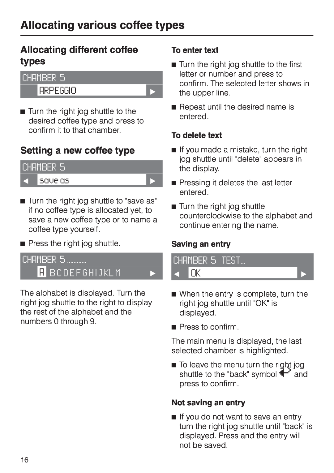 Miele CVA 2650 Allocating different coffee types, Setting a new coffee type, To enter text, To delete text 
