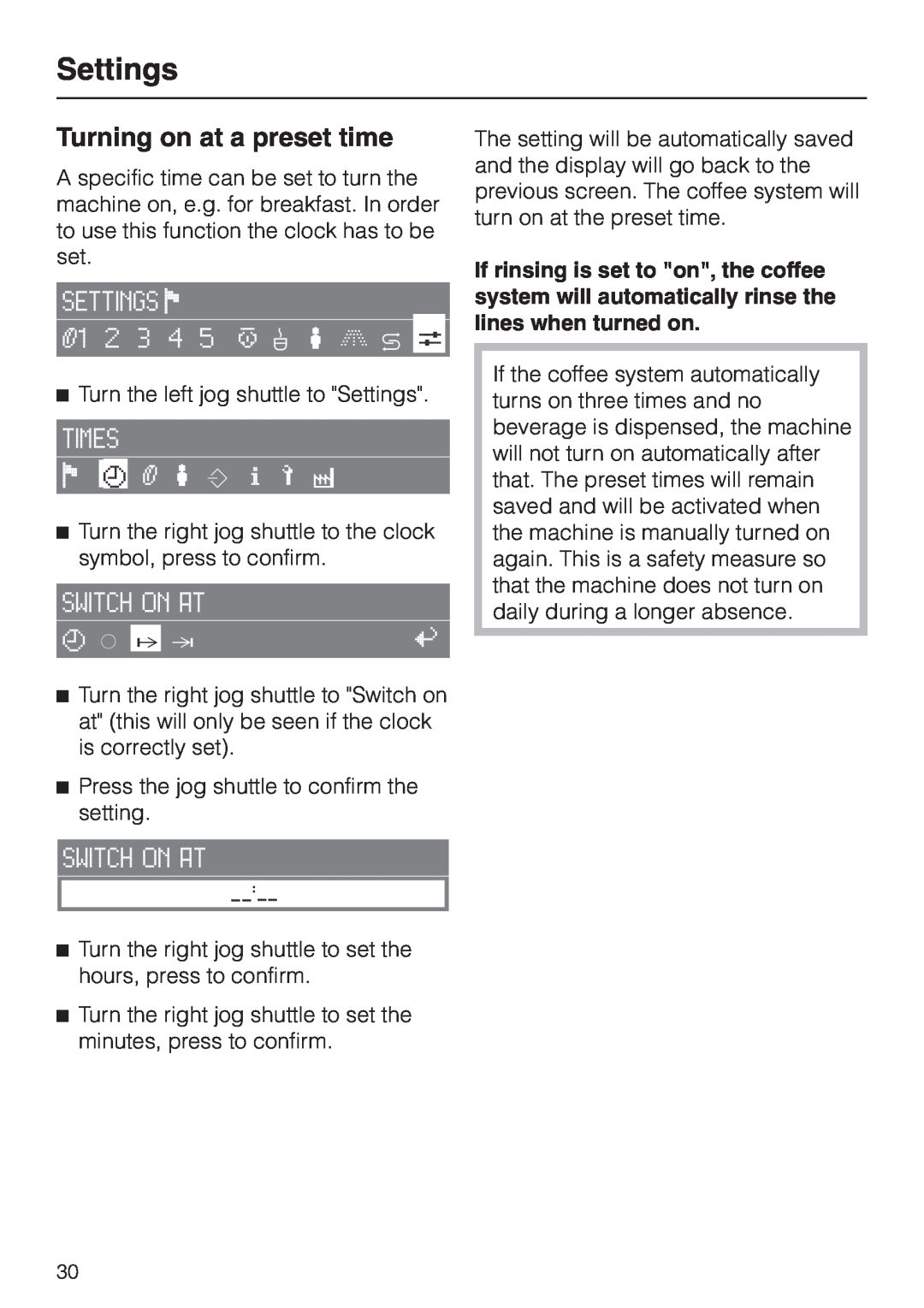 Miele CVA 2650 operating instructions Turning on at a preset time, Settings 