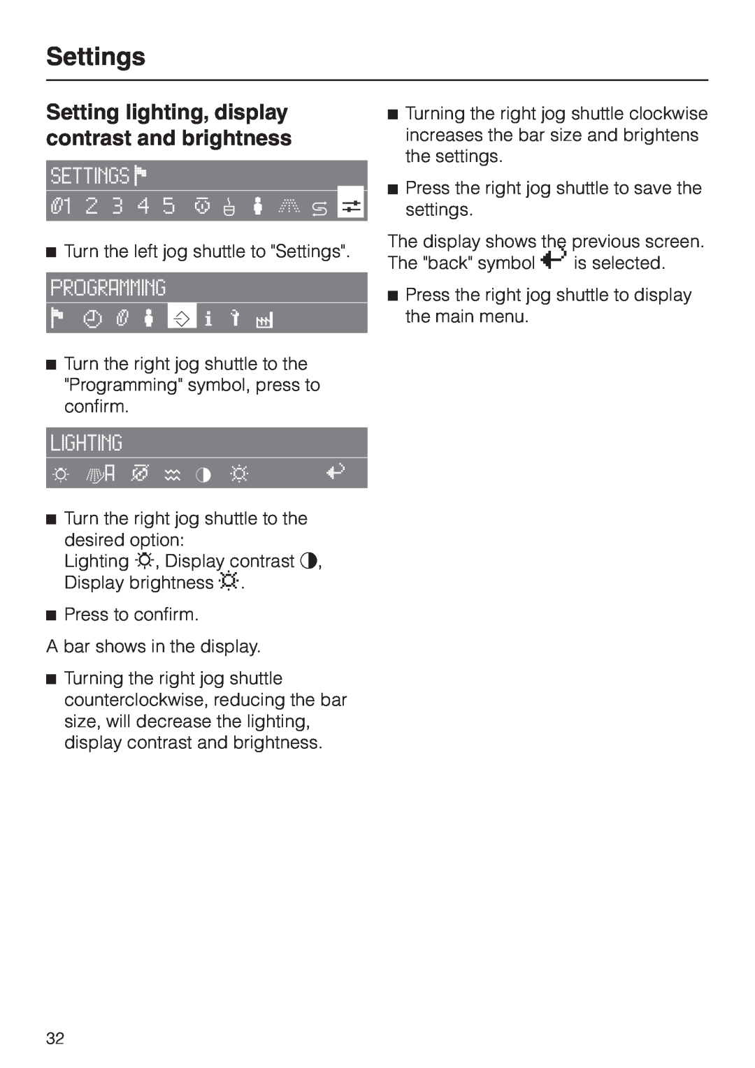 Miele CVA 2650 operating instructions Setting lighting, display contrast and brightness, Settings 