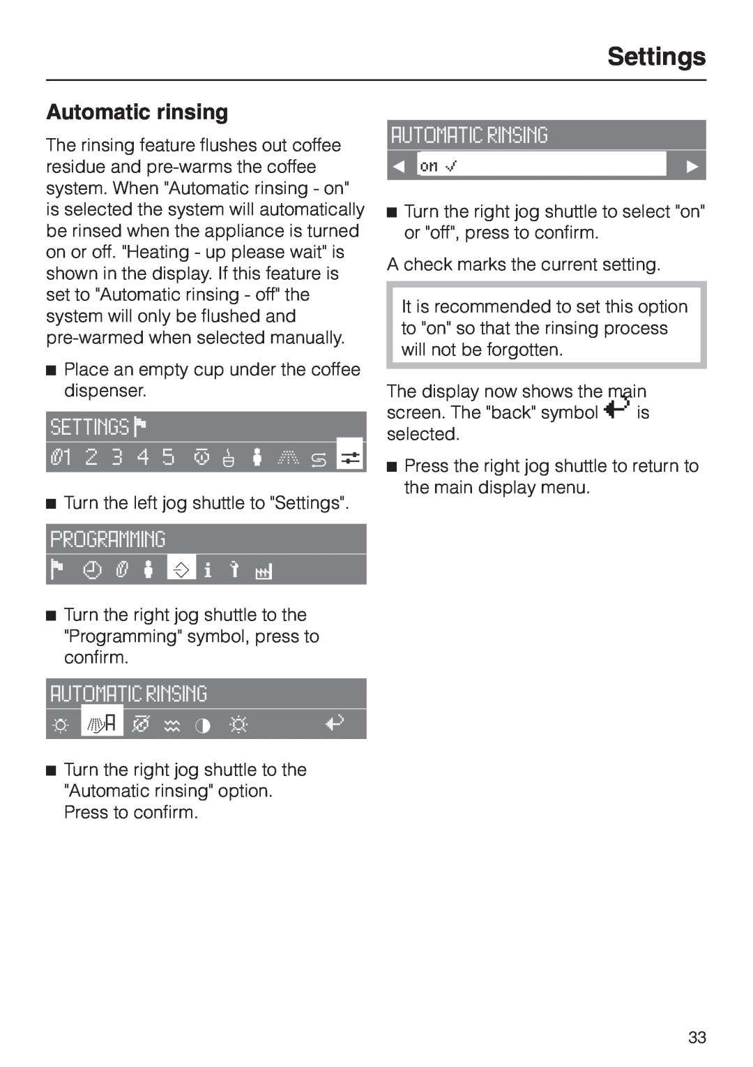 Miele CVA 2650 operating instructions Automatic rinsing, Settings 