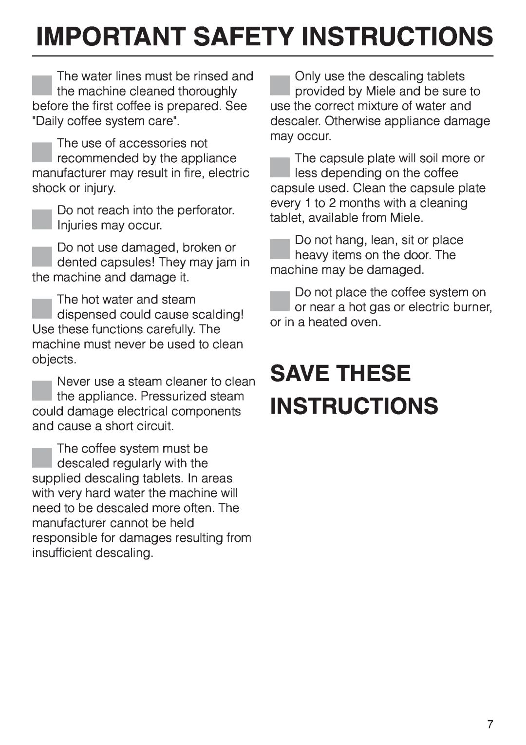 Miele CVA 2650 operating instructions Important Safety Instructions, Save These Instructions 