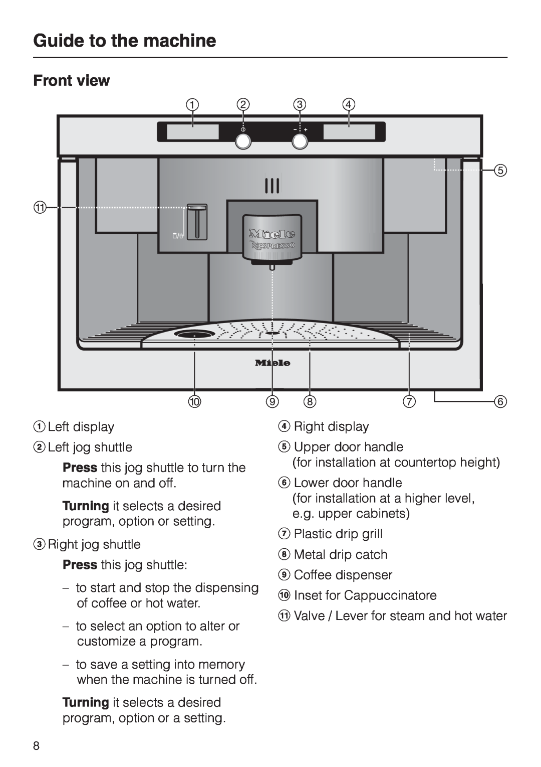 Miele CVA 2650 operating instructions Guide to the machine, Front view 
