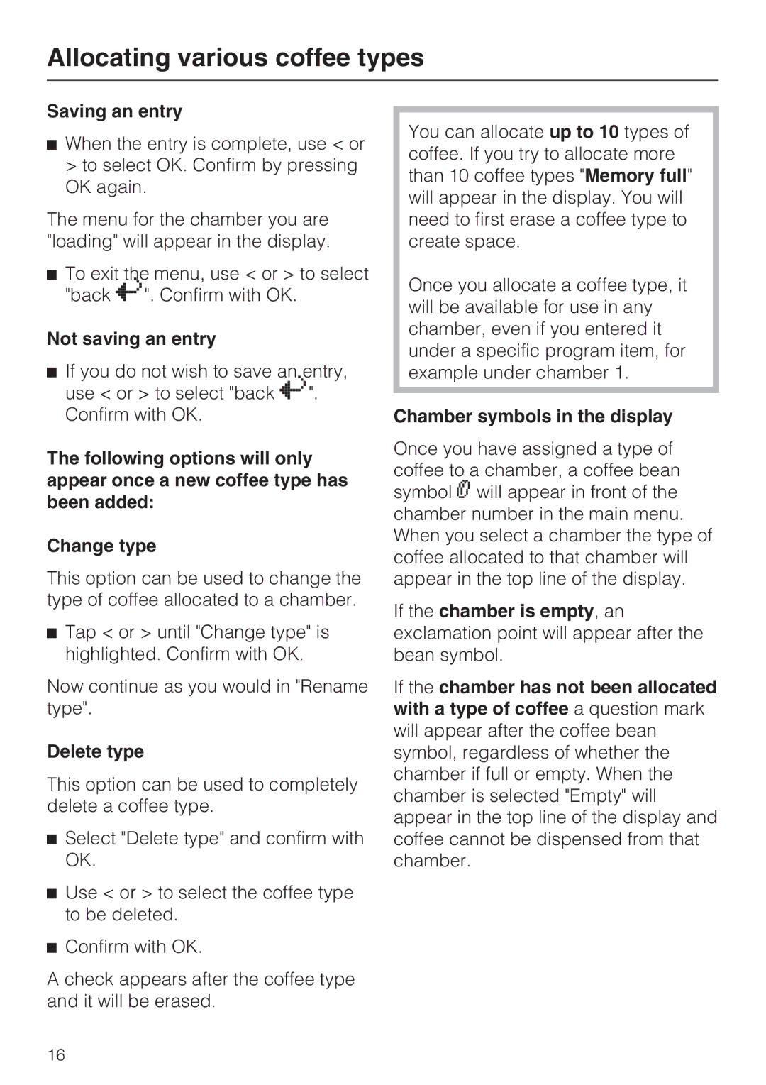 Miele CVA 2652 installation instructions Saving an entry, Not saving an entry, Delete type, Chamber symbols in the display 