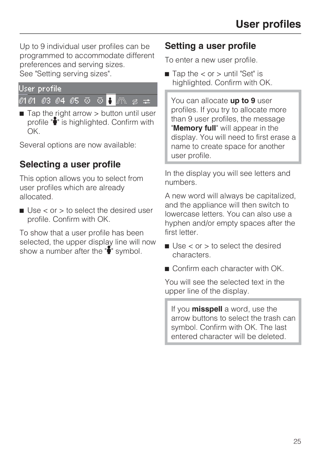 Miele CVA 2652 installation instructions User profiles, Selecting a user profile, Setting a user profile 