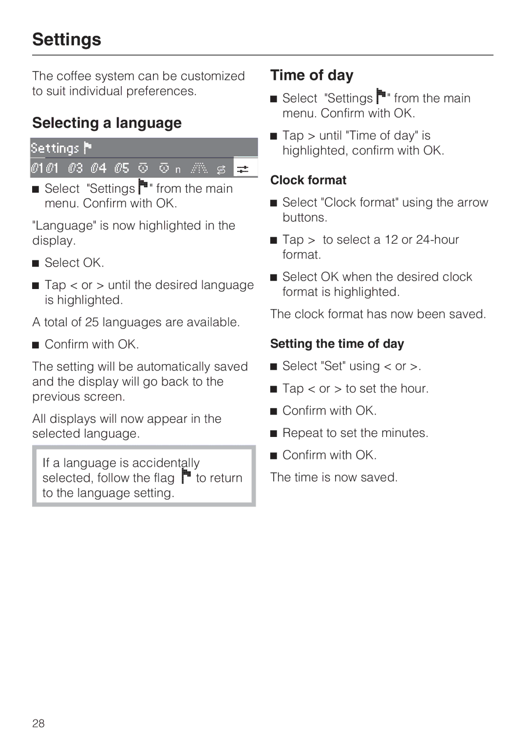 Miele CVA 2652 installation instructions Settings, Selecting a language, Time of day, Clock format, Setting the time of day 