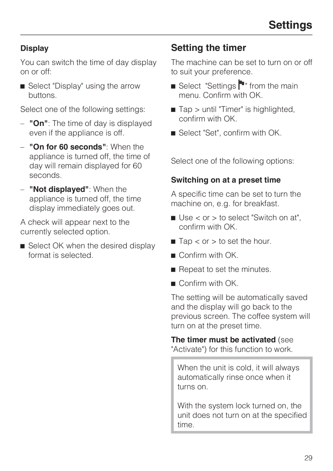 Miele CVA 2652 installation instructions Setting the timer, Display, Switching on at a preset time 