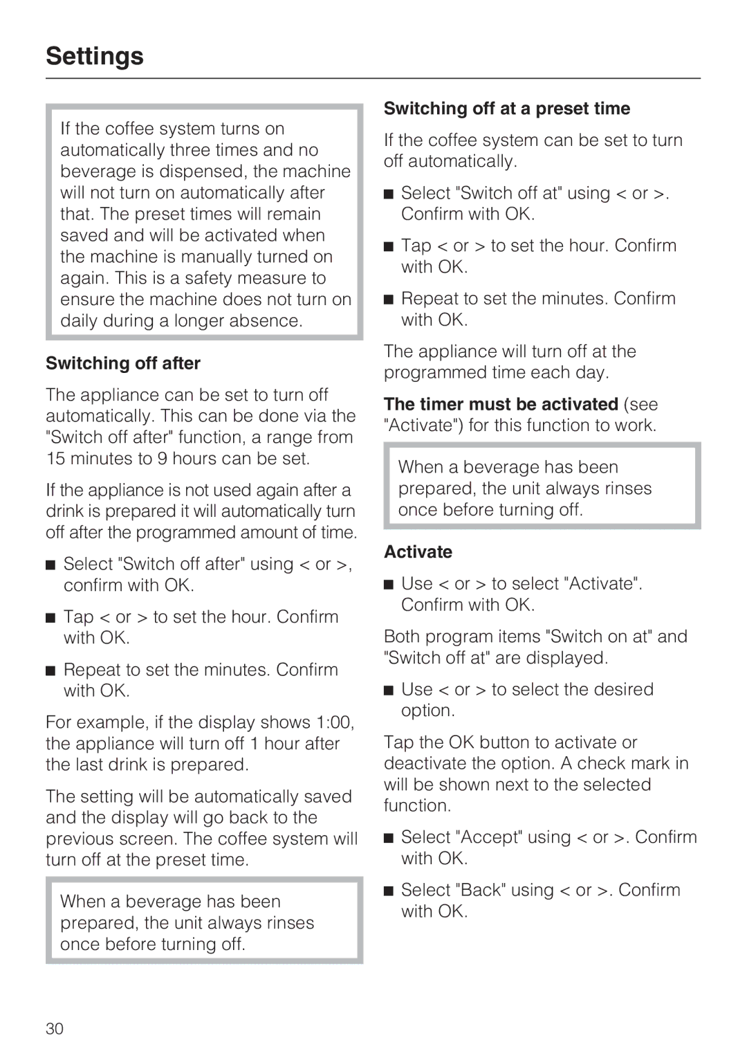 Miele CVA 2652 installation instructions Switching off after, Switching off at a preset time, Activate 