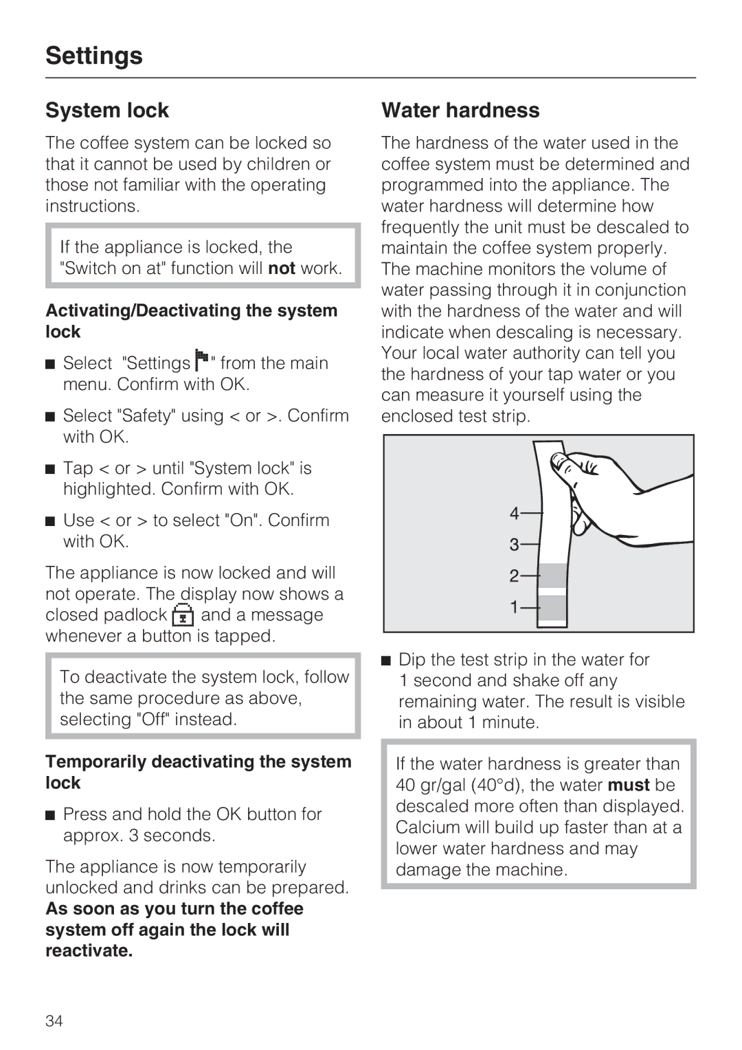 Miele CVA 2652 installation instructions System lock, Water hardness, Activating/Deactivating the system lock 