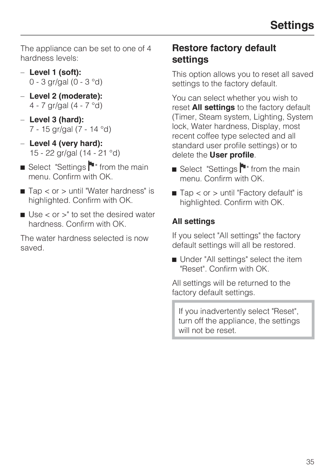 Miele CVA 2652 installation instructions Restore factory default settings 