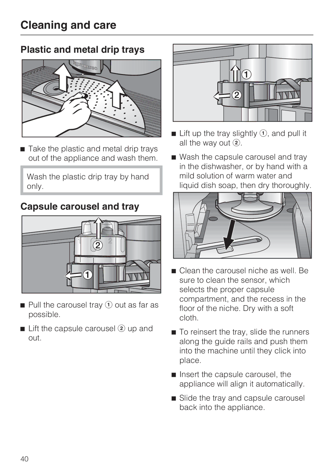 Miele CVA 2652 installation instructions Plastic and metal drip trays, Capsule carousel and tray 