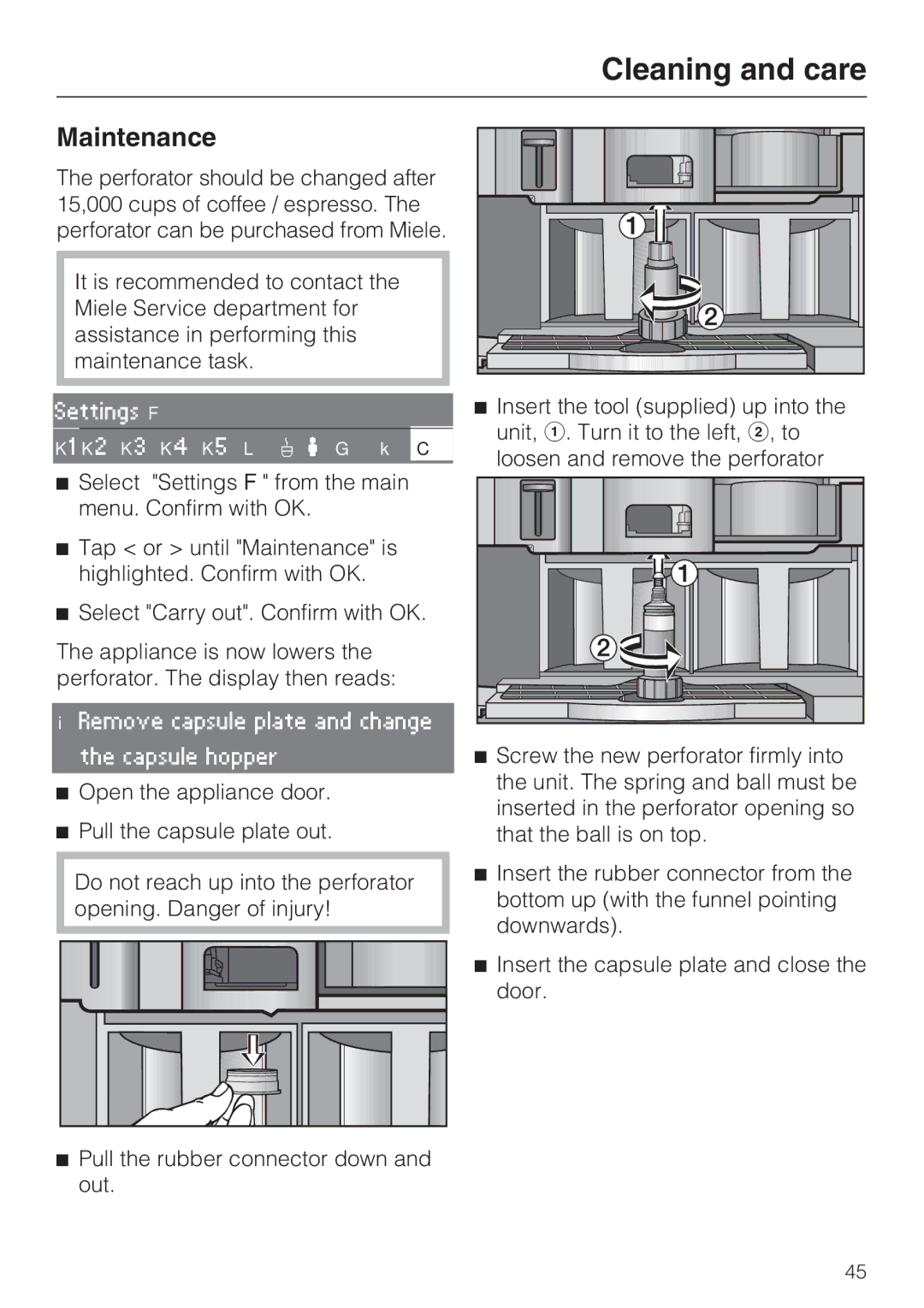 Miele CVA 2652 installation instructions Maintenance, Select Settings F from the main Menu. Confirm with OK 