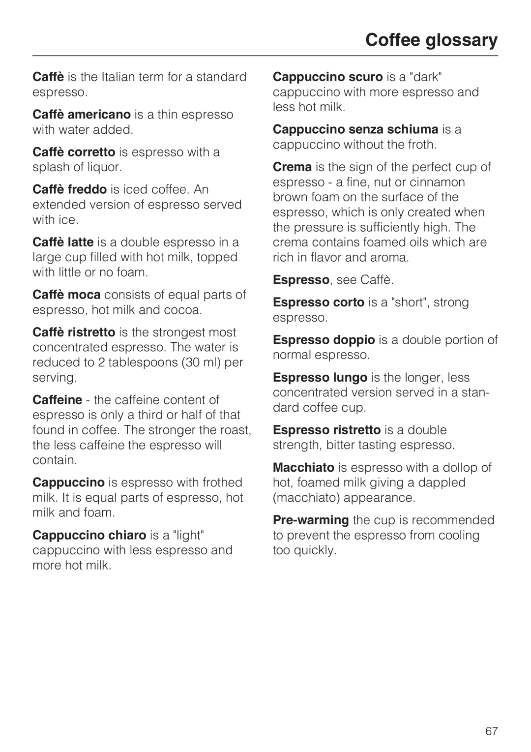 Miele CVA 2652 installation instructions Coffee glossary 