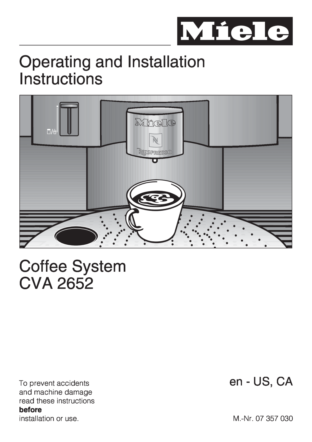 Miele CVA 2652 installation instructions Operating and Installation Instructions, Coffee System CVA, en - US, CA 