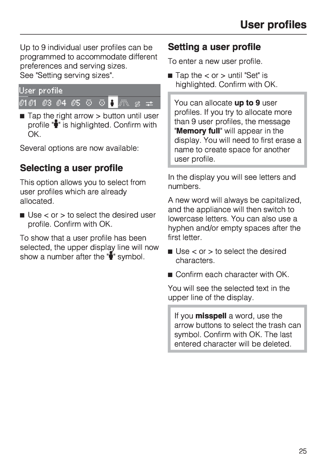 Miele CVA 2652 installation instructions User profiles, Selecting a user profile, Setting a user profile 