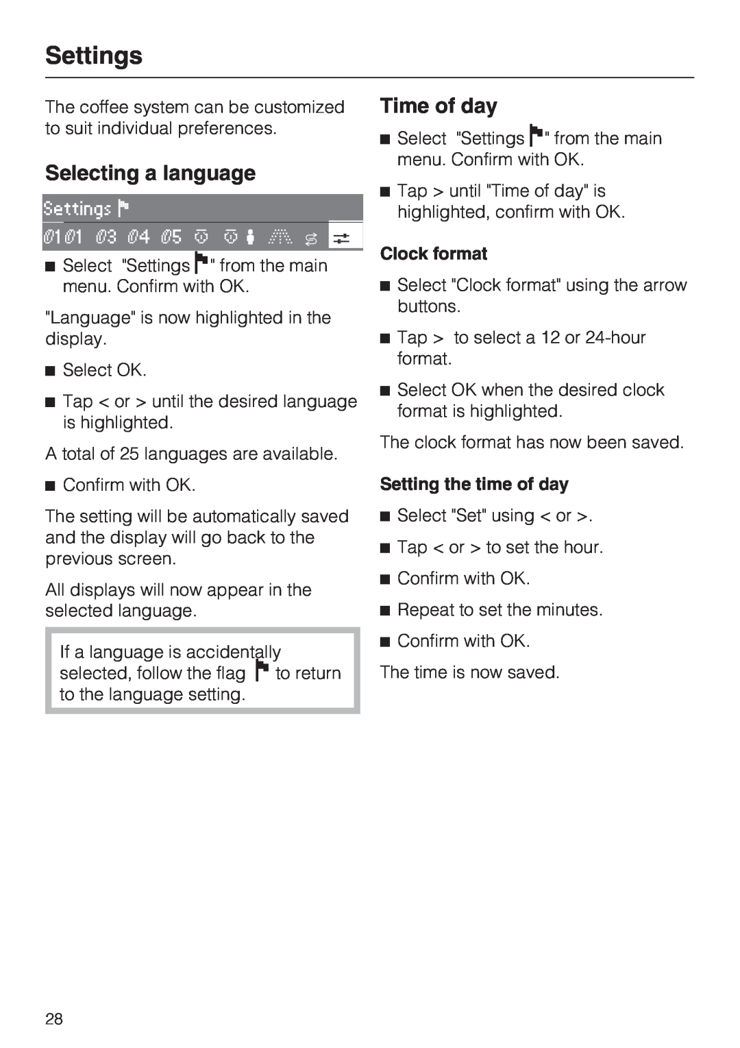 Miele CVA 2652 installation instructions Settings, Selecting a language, Time of day 