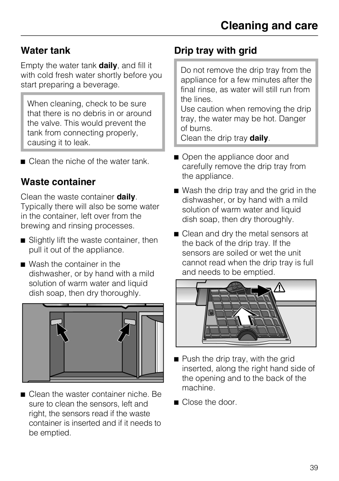Miele CVA 2652 installation instructions Water tank, Drip tray with grid, Waste container, Cleaning and care 