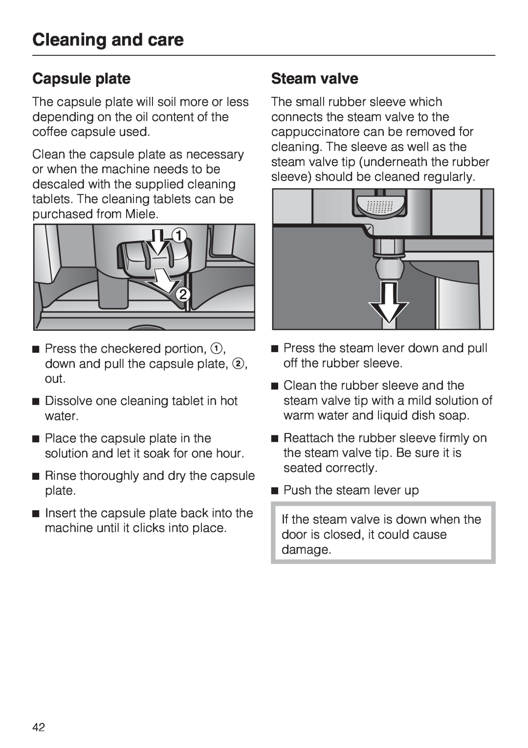 Miele CVA 2652 installation instructions Capsule plate, Steam valve, Cleaning and care 