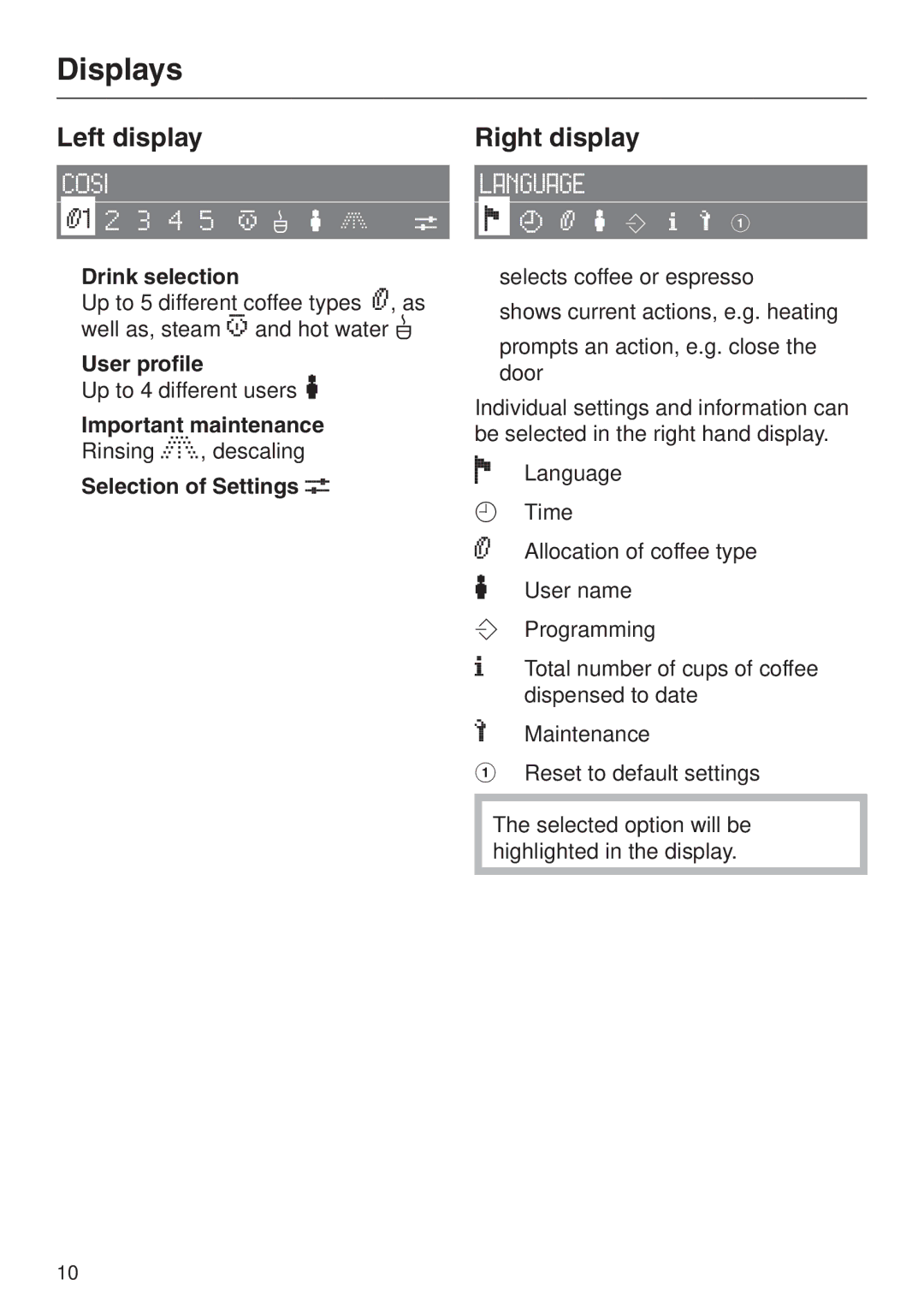 Miele CVA 2660 installation instructions Displays, Left display Right display, Drink selection, User profile 