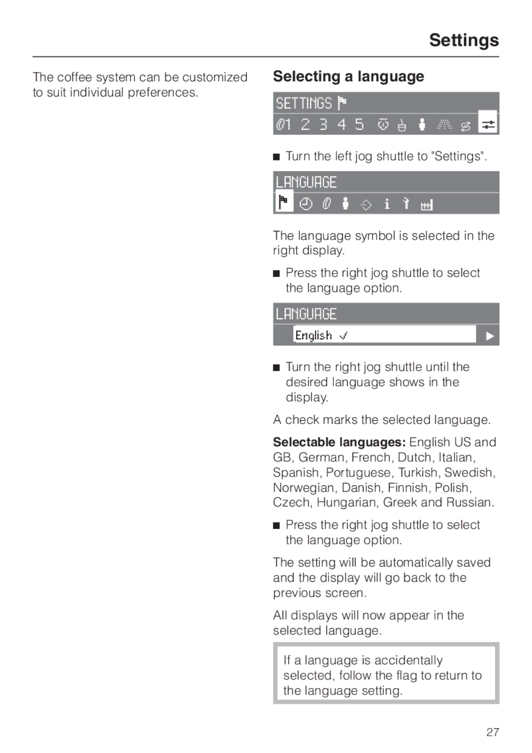 Miele CVA 2660 installation instructions Settings, Selecting a language 