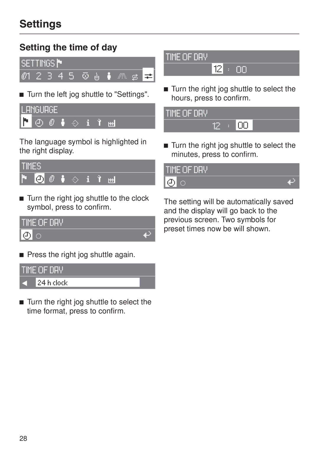 Miele CVA 2660 installation instructions Setting the time of day 