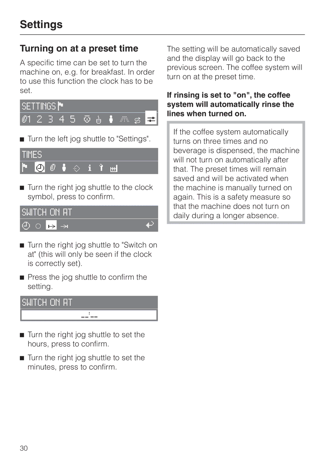 Miele CVA 2660 installation instructions Turning on at a preset time 