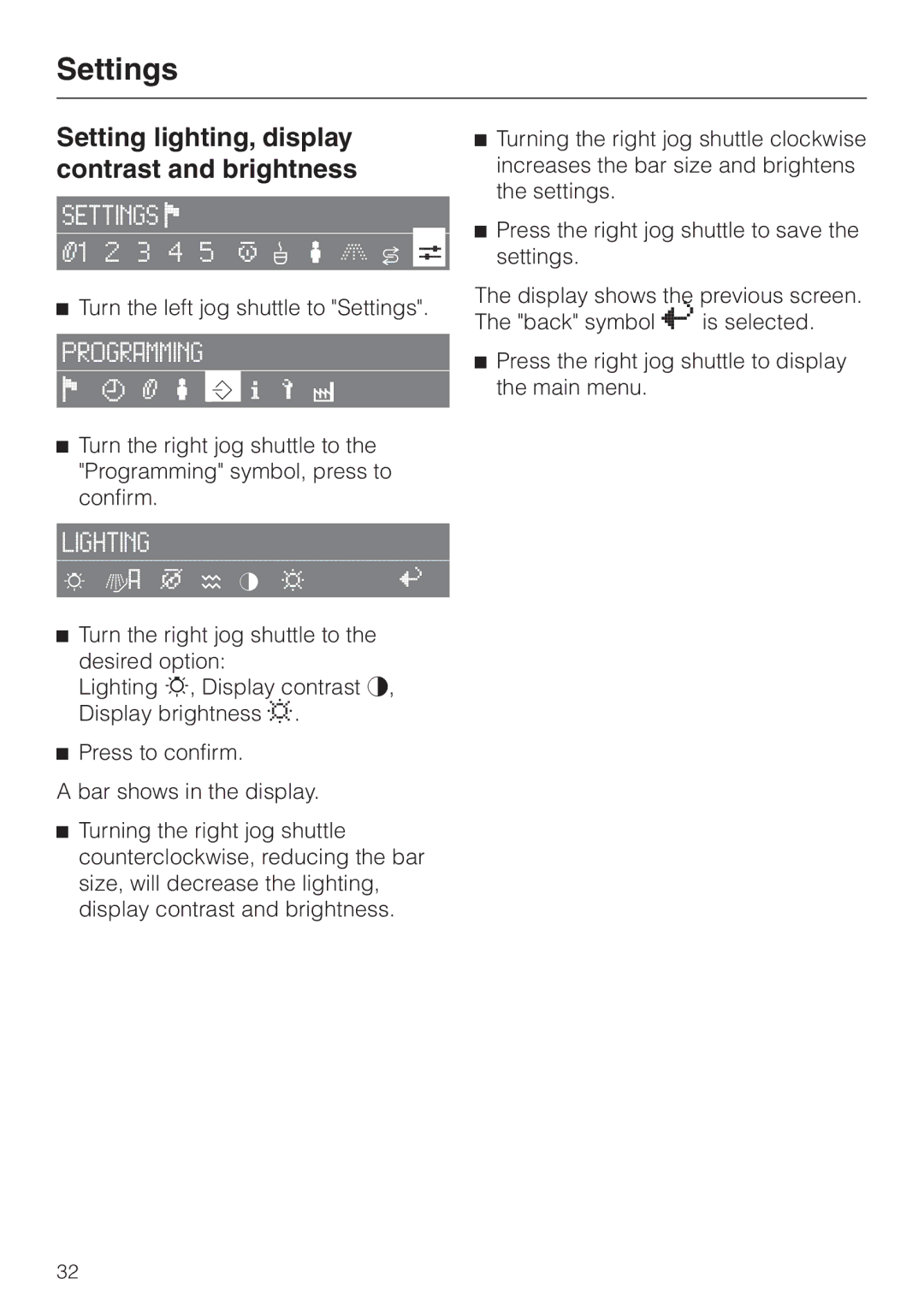 Miele CVA 2660 installation instructions Setting lighting, display contrast and brightness 