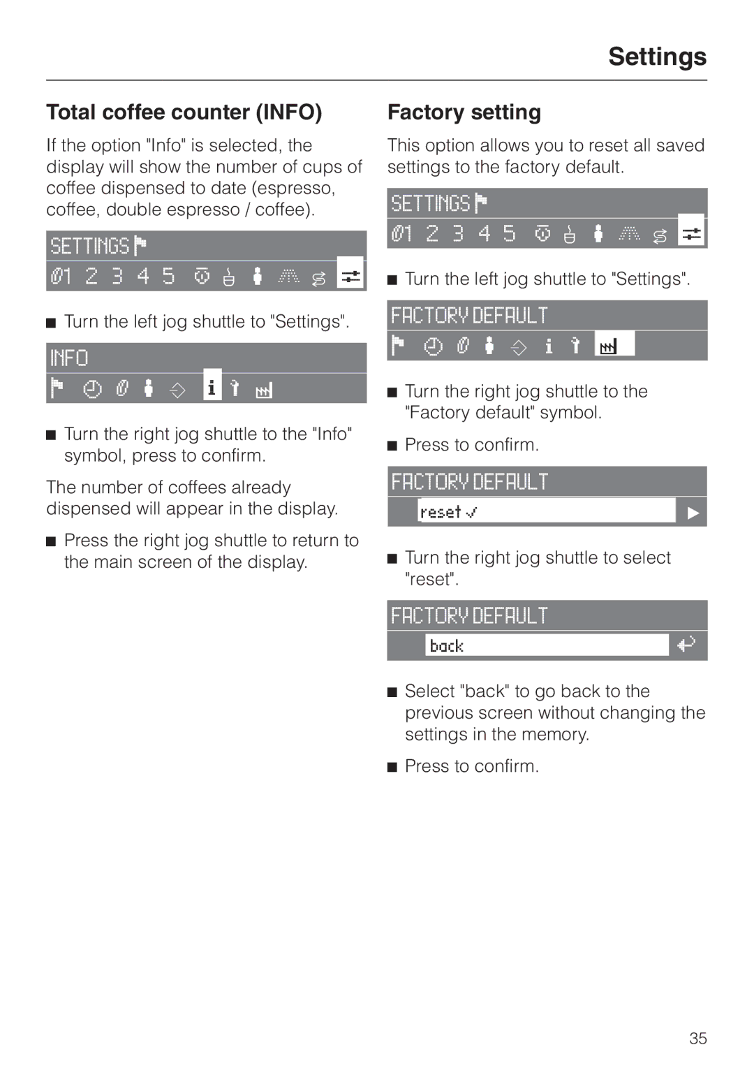 Miele CVA 2660 installation instructions Total coffee counter Info, Factory setting 