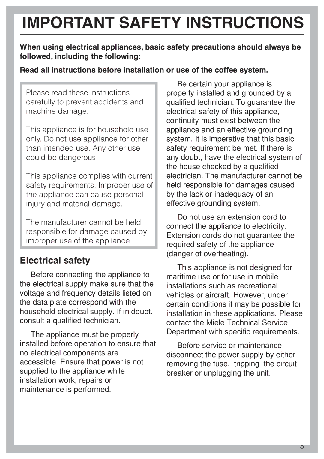 Miele CVA 2660 installation instructions Important Safety Instructions, Electrical safety 