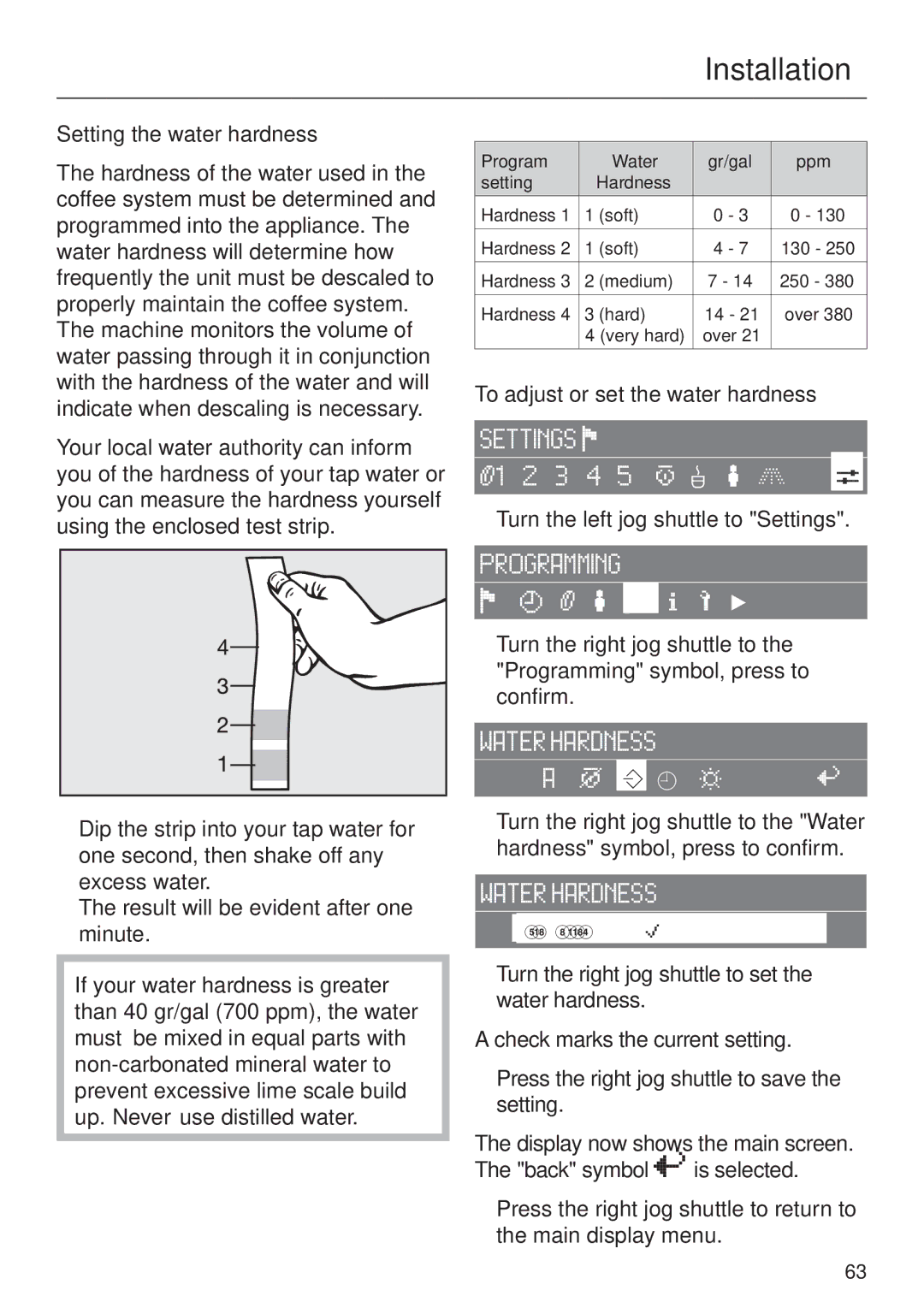 Miele CVA 2660 installation instructions Setting the water hardness, To adjust or set the water hardness 