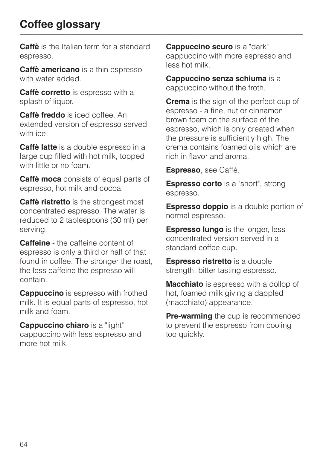 Miele CVA 2660 installation instructions Coffee glossary 