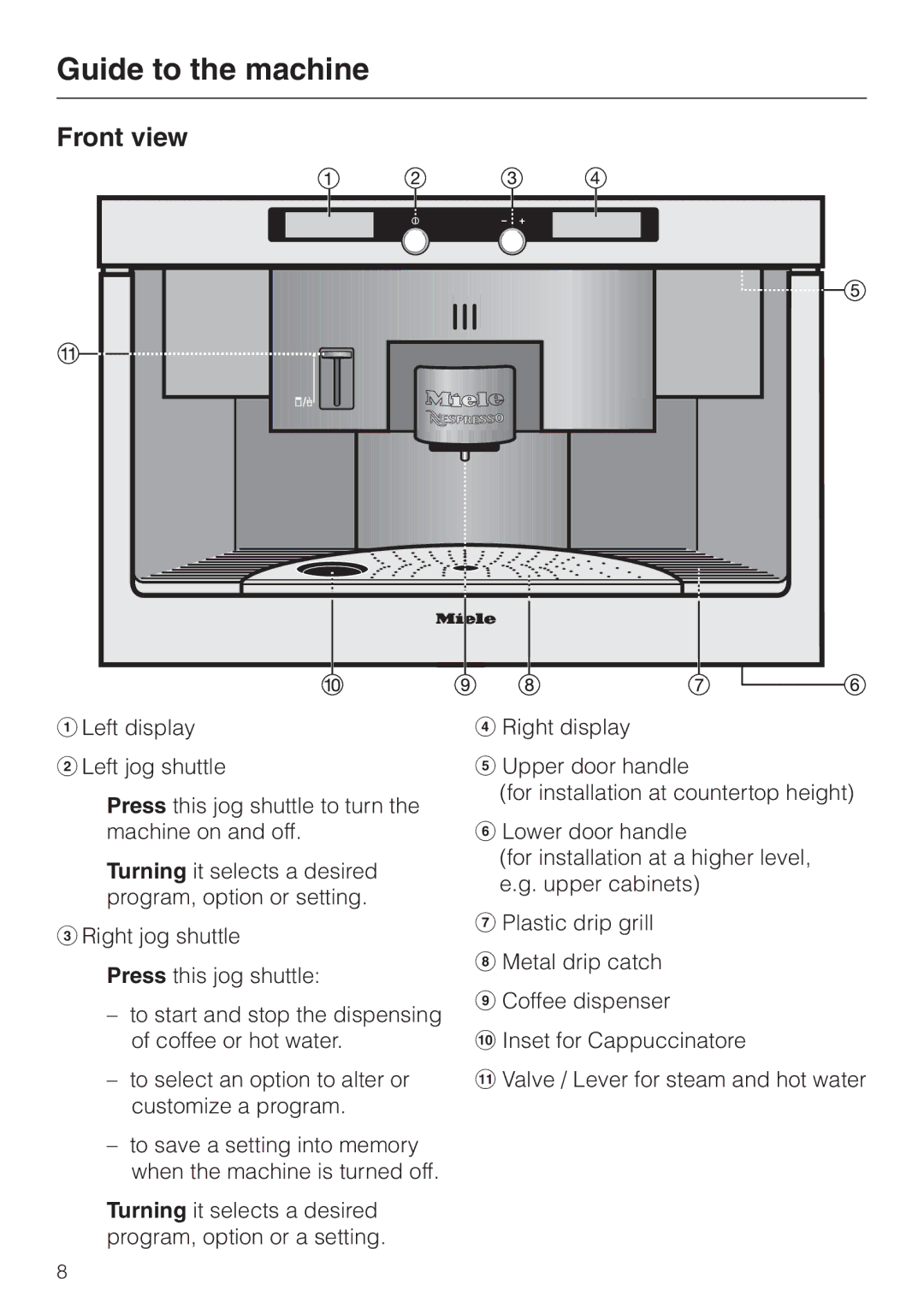 Miele CVA 2660 installation instructions Guide to the machine, Front view 