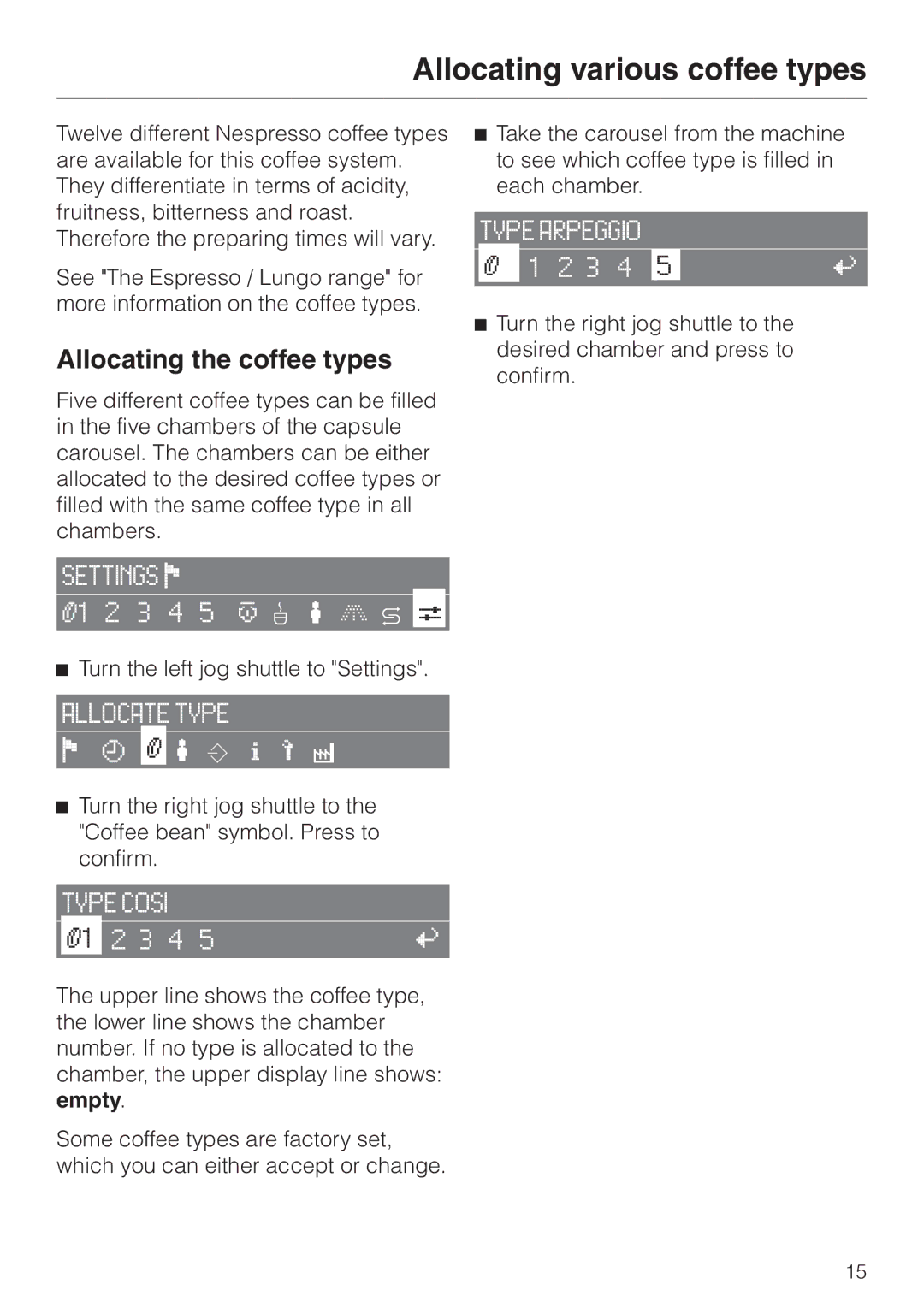 Miele CVA 2660 manual Allocating various coffee types, Allocating the coffee types 