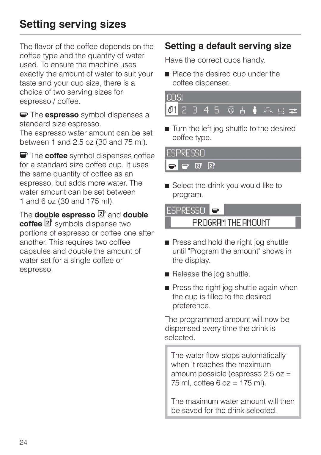 Miele CVA 2660 manual Setting serving sizes, Setting a default serving size 