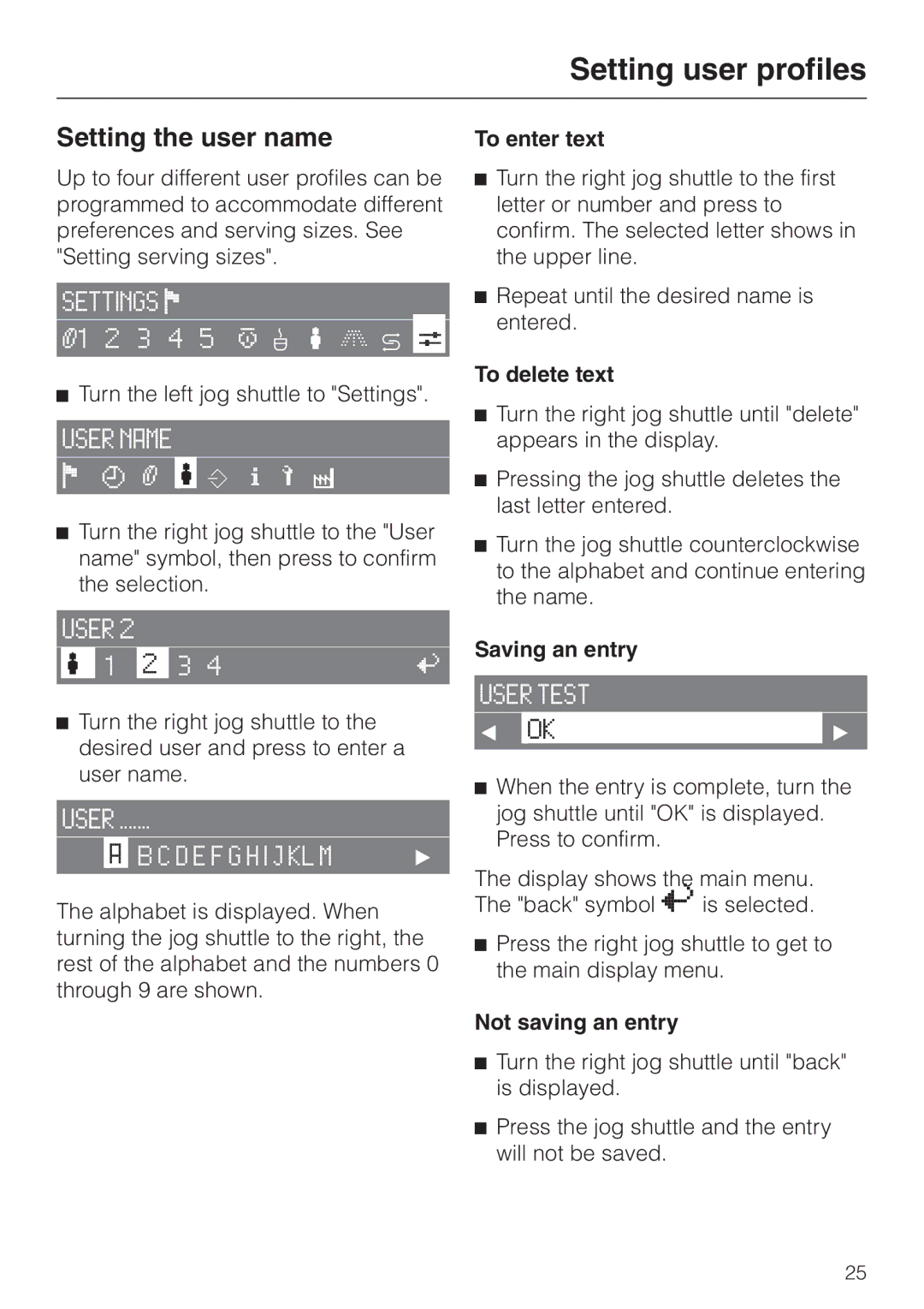 Miele CVA 2660 manual Setting user profiles, Setting the user name 