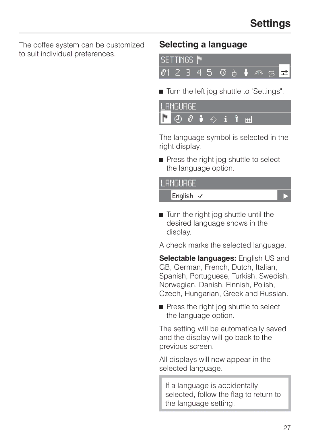 Miele CVA 2660 manual Settings, Selecting a language 