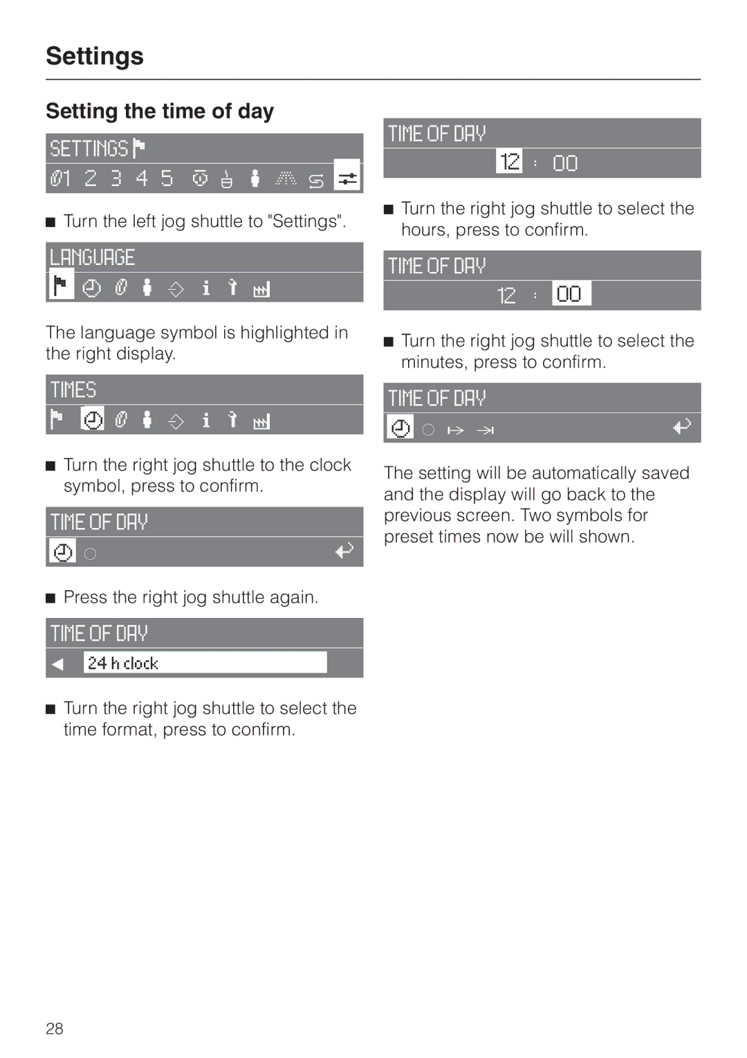 Miele CVA 2660 manual Setting the time of day 