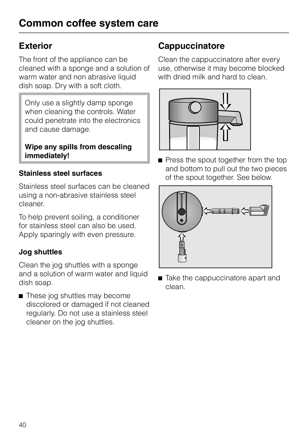 Miele CVA 2660 manual Exterior, Cappuccinatore, Jog shuttles 