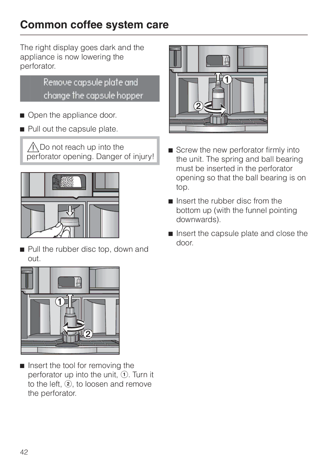 Miele CVA 2660 manual Remove capsule plate and change the capsule hopper 