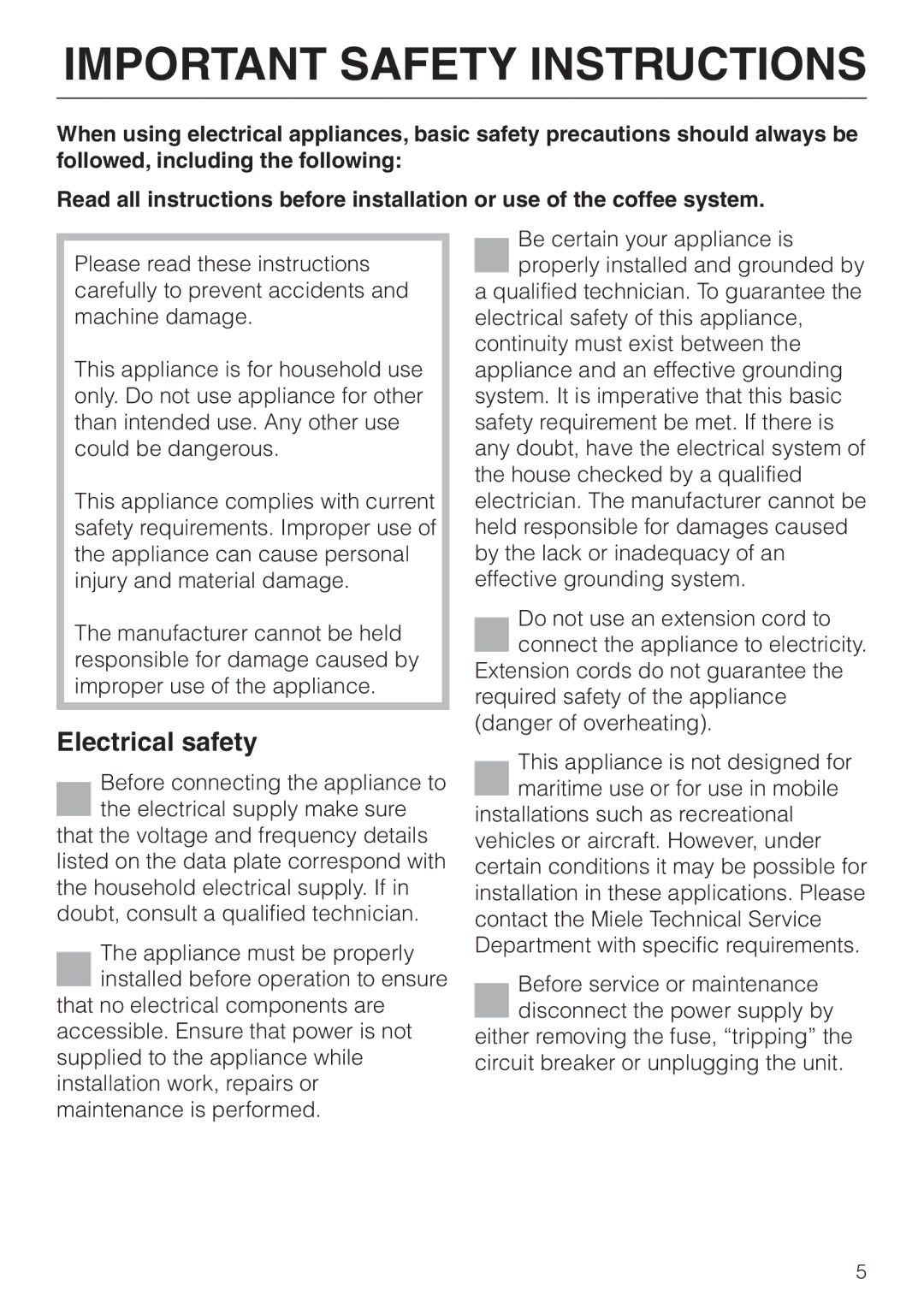 Miele CVA 2660 manual Important Safety Instructions, Electrical safety 